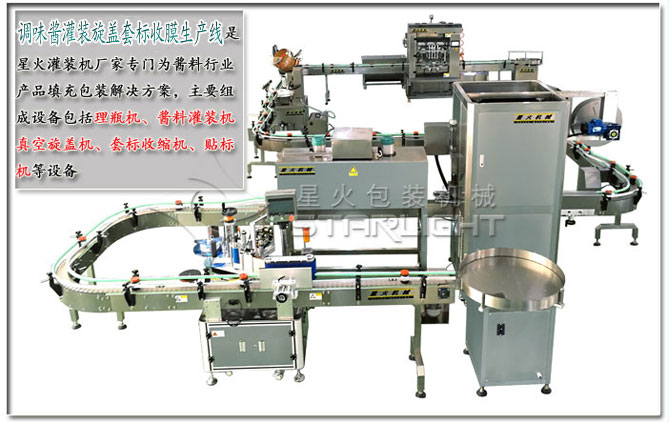 星火調味醬灌裝旋蓋套標收膜生產線介紹及設備展示